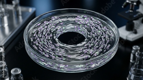 Petri dish filled with circular array of futuristic nanobots and micro capsules in a laboratory setting