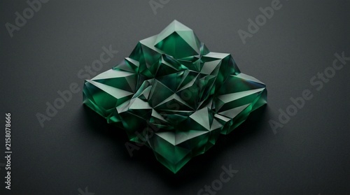 Abstract green crystal structure with sharp geometric facets on a dark background for modern design