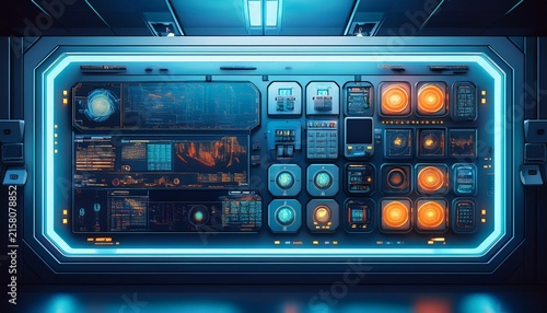 control room panel with glowing buttons advanced monitoring system interface