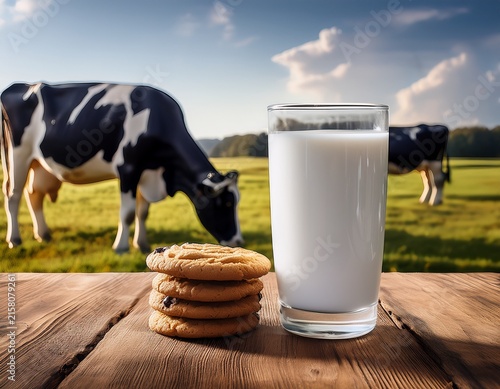 fresh milk glass and cookies on wooden table with cow farm background