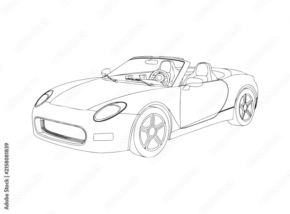 Fototapeta premium Elegant convertible sports car outline illustration isolated on white background in detailed automotive line art style.