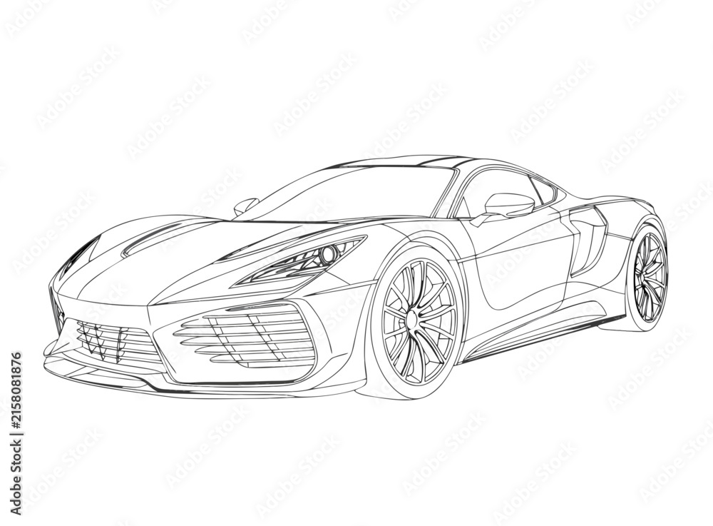 Fototapeta premium Elegant sports car outline illustration isolated on white background in detailed automotive line art style.