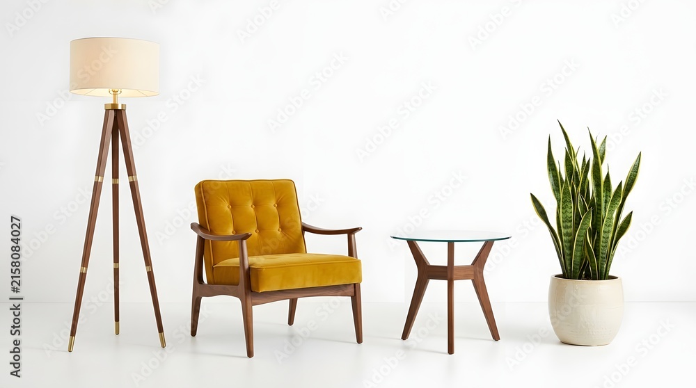 Fototapeta premium Stylish mid-century modern interior with a mustard yellow velvet armchair, a dark wood tripod floor lamp with brass accents, a minimalist glass side table, and a potted snake plant, bright white studi