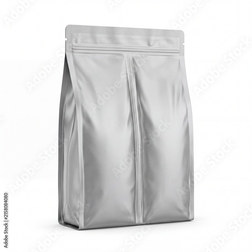 Blank silver foil food pouch mockup, metallic stand up zipper bag on white background, realistic packaging template for coffee or tea