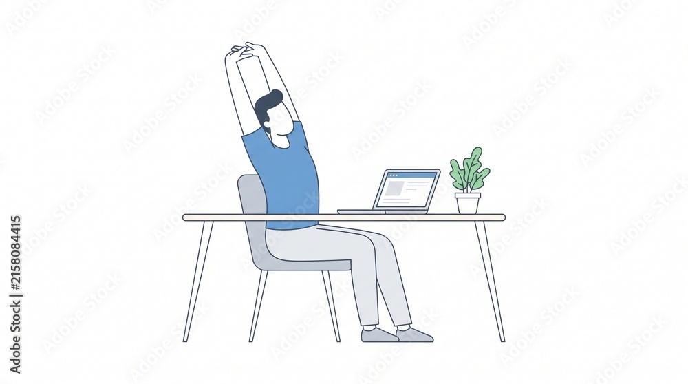 Fototapeta premium Person stretching arms at desk with laptop