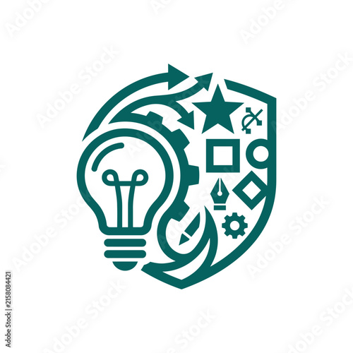 A creative shield icon featuring a lightbulb and various tools