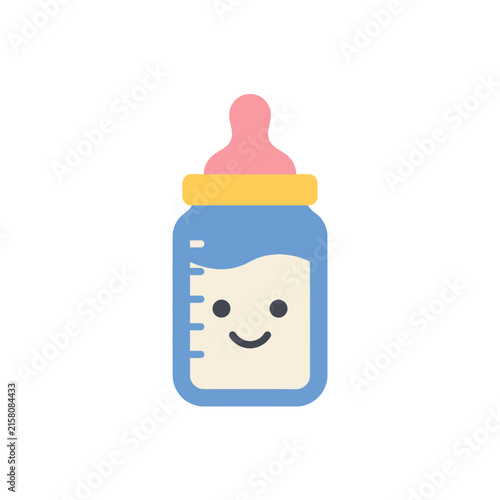 A cute baby bottle icon with a happy smiling face design