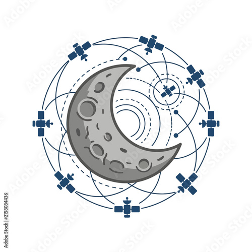 A crescent moon surrounded by orbiting communication satellites in space