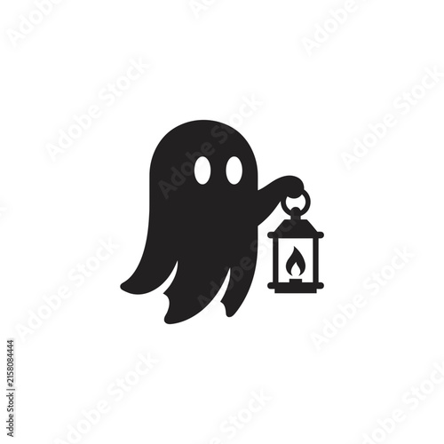 A cute black ghost holding a small glowing lantern icon design