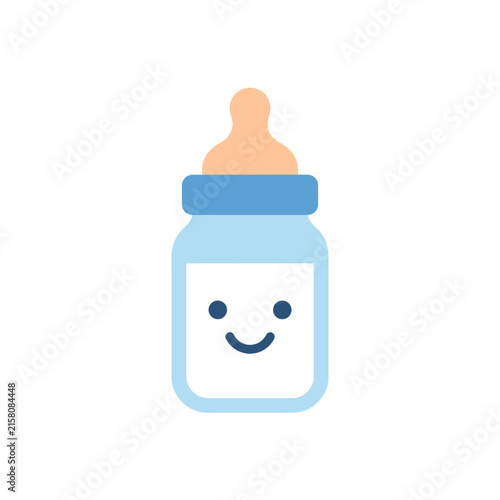 A cute blue baby bottle icon with a happy smiling face