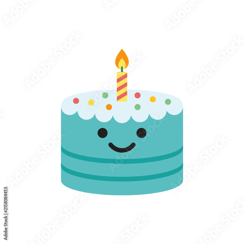 A cute blue birthday cake with a single lit candle