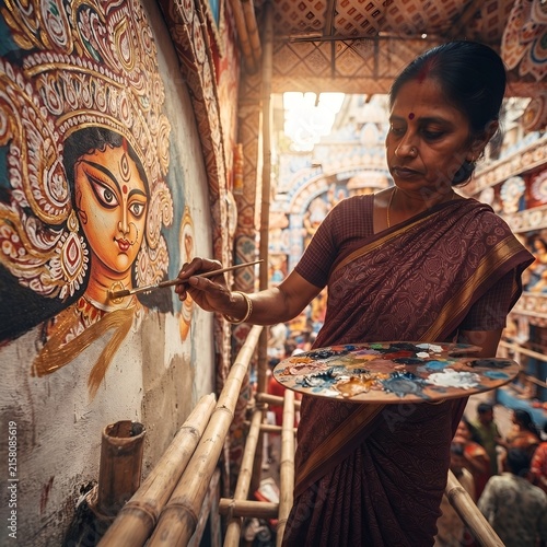 Indian artist painting a mural of goddess Durga during a festive celebration
