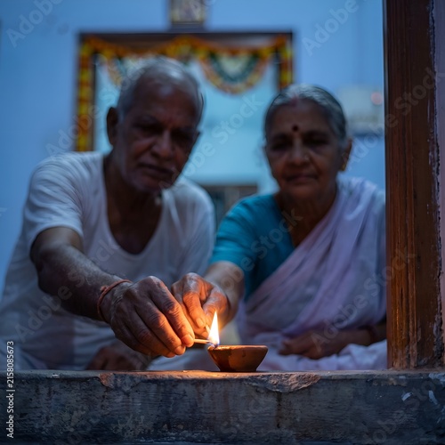 Indian elderly couple lighting a diya lamp during a religious ceremony indoors