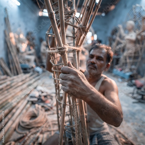 Indian craftsman building a bamboo structure in a workshop with traditional techniques