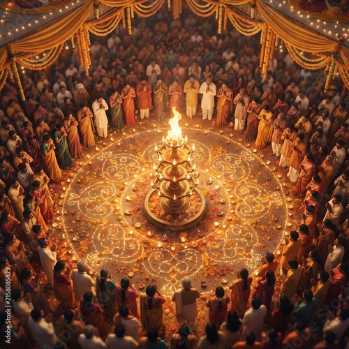 Indian wedding ceremony with a sacred fire and large crowd of people celebrating