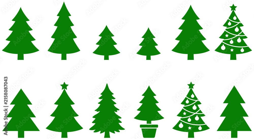 Obraz premium Decorative green christmas tree collection featuring various minimalist evergreen shapes and pine styles for festive holiday graphic design vector projects