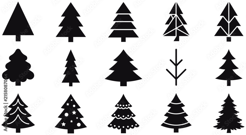 Obraz premium Pine tree silhouette vector collection featuring diverse minimalist evergreen shapes for festive seasonal holiday graphic design projects and winter branding icons