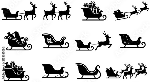 Cuadro en lienzo Santa sleigh silhouette vector collection featuring various christmas reindeer d