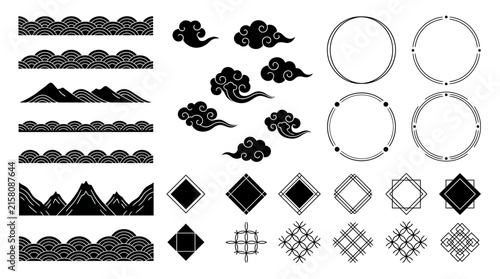 Set of traditional Japanese and East Asian graphic design elements including waves, clouds, mountains, and geometric patterns.
