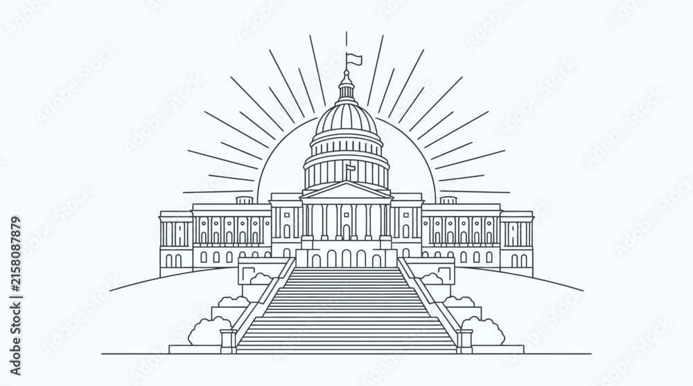 Fototapeta premium Line art illustration of a majestic government building with a dome, columns, and grand steps, featuring radiating lines behind the dome.