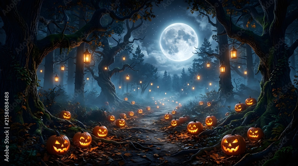 Fototapeta premium Mysterious enchanted forest path with glowing Halloween pumpkins and lanterns under a bright full moon at night