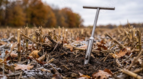 Soil sampling probe in harvested cornfield