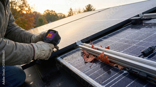 Technician inspecting solar panels with thermal camera
