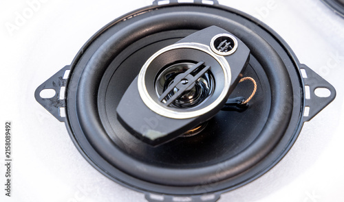 Photography Closeup of a Black Coaxial Car Speaker on White Background