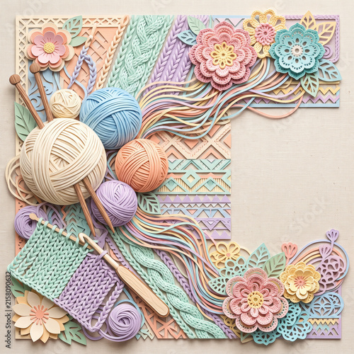 Knitting and Crochet Craft Pastel Border with Yarn Skeins and Flowers