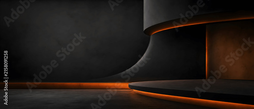 Dark modern podium stage background with warm orange neon glowing light, product display backdrop copy space