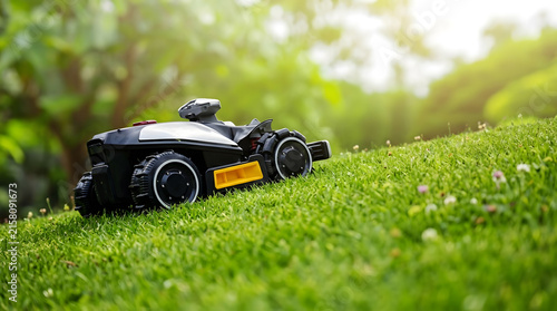 Autonomous Robotic Lawnmower Trimming Green Grass on Lawn Slope | Modern Smart Robotic Lawn Mower Operating on Sunny Garden Hill | Close Up of Automatic Robot Lawnmower Mowing Lawn Grass 