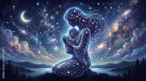 Spiritual Illustration of Cosmic Mother Cradling Her Newborn Baby Under Celestial Starry Sky
