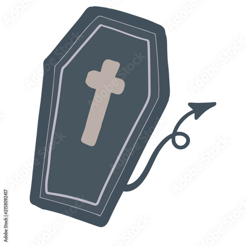 Halloween Coffin with Cross and Devil Tail Cartoon Illustration