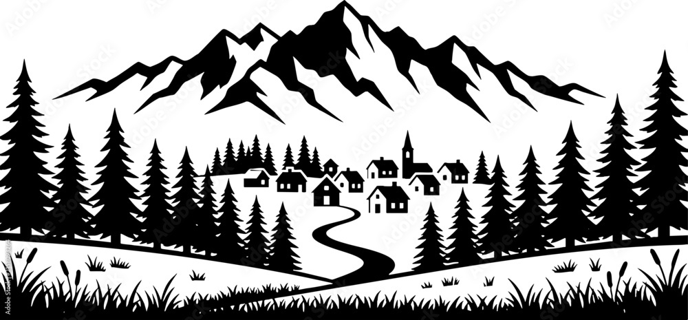 Obraz premium Minimalist Mountain Village Silhouette with Forest and Winding Path