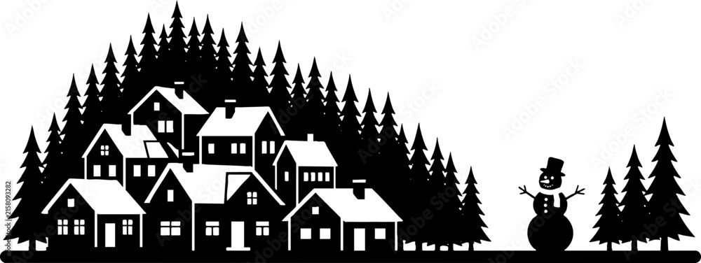 Naklejka premium Winter Village Silhouette with Snowman and Pine Forest