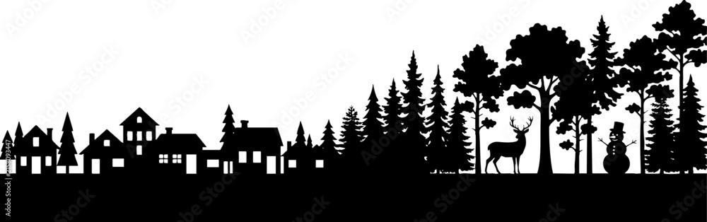 Obraz premium Winter Village and Forest Silhouette with Deer and Snowman