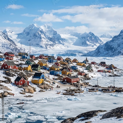 A colorful arctic village with small houses nestled in a snowy landscape with massive glaciers and icy mountains under a bright blue cloudy sky