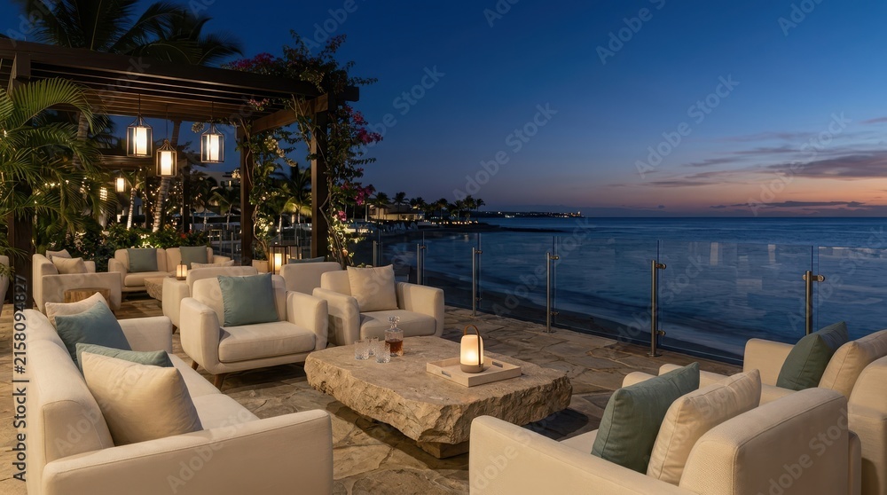 Fototapeta premium Luxury outdoor lounge area at a beach resort during sunset with comfortable seating and ambient lighting