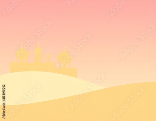 a pink and yellow poster with a castle in the background