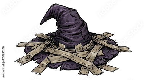 Purple witch hat wrapped in old mummy bandages in comic book style, isolated on white background.