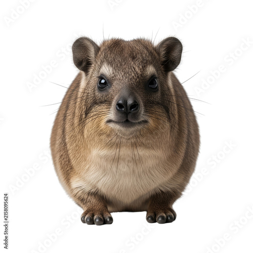 Hyrax small rock mammal with thick fur and rounded ears sitting against a dark background.