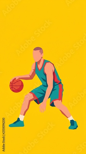 Minimalist Basketball athlete dribbling ball flat vector illustration of a player in action on a yellow background.