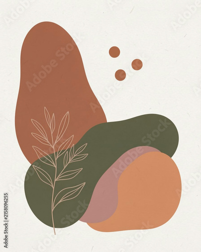 An abstract, minimalist wall art composition featuring organic, flowing shapes on a textured, off-white, paper-like background