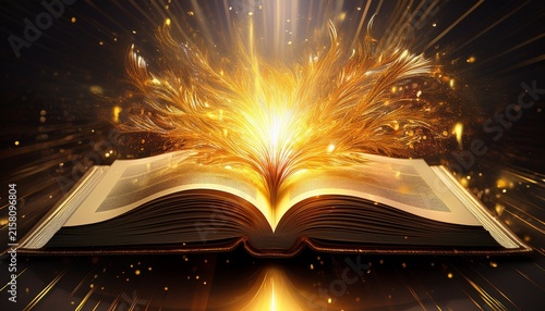 a vibrant golden light bursting forth from the open pages of a book symbolizing the transformative power of knowledge imagination and the boundless potential within