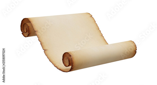 Scroll ancient rolled paper with curled edges and aged texture for vintage design. This image can be used for historical storytelling or as a graphic element for old-world themes.