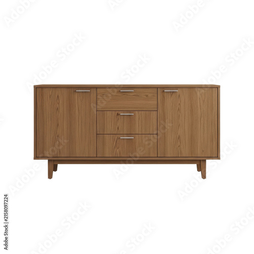 Sideboard modern wooden cabinet with drawers and doors for contemporary home interiors. This image can be used for furniture catalog design and living room renovation concepts.
