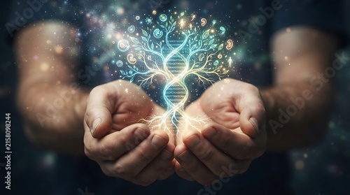 A person holds a glowing, intricate tree of life formed by dna double helix strands and various biological in their cupped hands