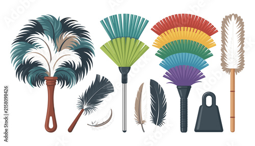 Bild auf Leinwand Feather Duster and Cleaning Brush Vector Icon Set Featuring Various Household St