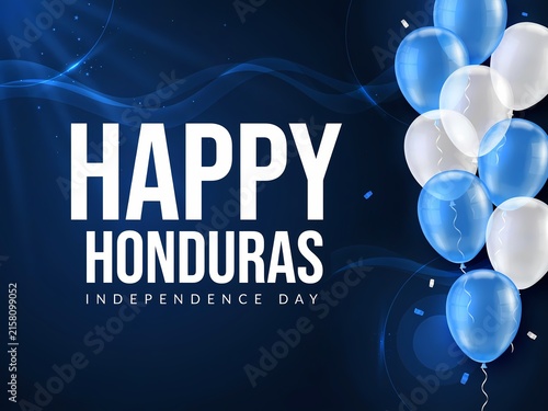 Happy honduras independence day greeting card with blue and white balloons on a dark background