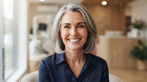 A smiling middle-aged woman with gray hair wearing a dark blue blouse, looking at the camera with a bright expression in a clinical office